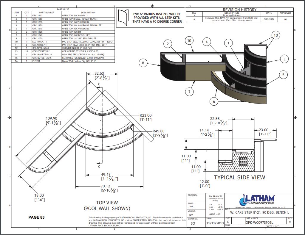 Wedding Cake Corner Step Polymer 3-Tread 90 Deg. 6" Radius w/ Left Bench
